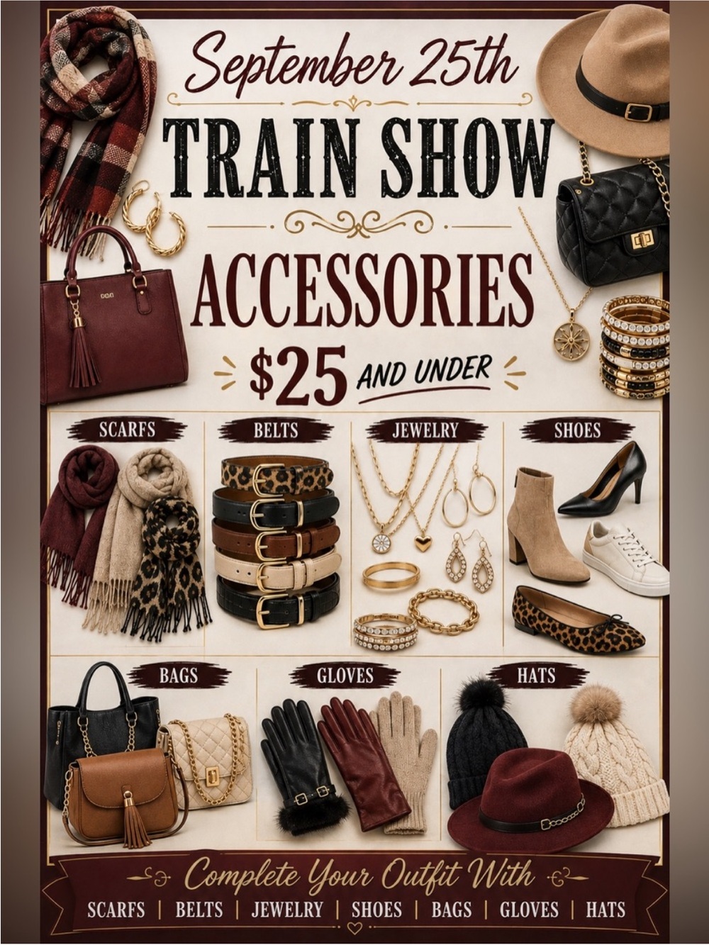 Women’s Accessories Collection - Burgundy, Black, Tan Options